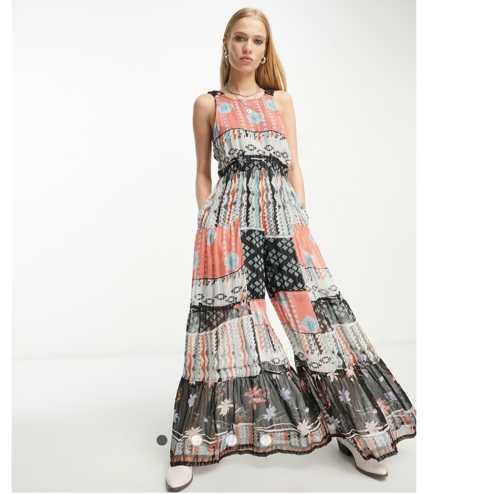 Raga Patchwork Print Wide Leg Jumpsuit Metallic Lurex Open Back Boho Womens S